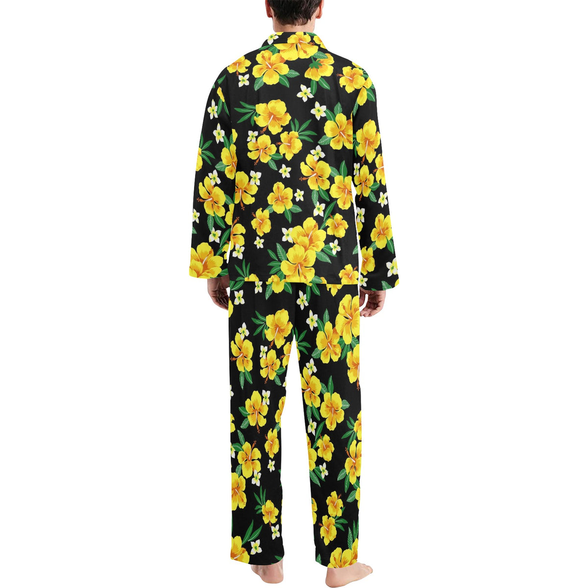 Yellow Hibiscus Pattern Print Design HB08 Men's Long Sleeve Pajama Set