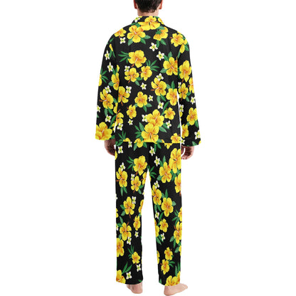 Yellow Hibiscus Pattern Print Design HB08 Men's Long Sleeve Pajama Set