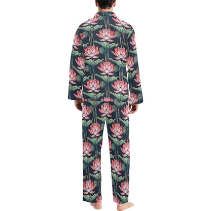 Water Lily Pattern Print Design WL03 Men's Long Sleeve Pajama Set