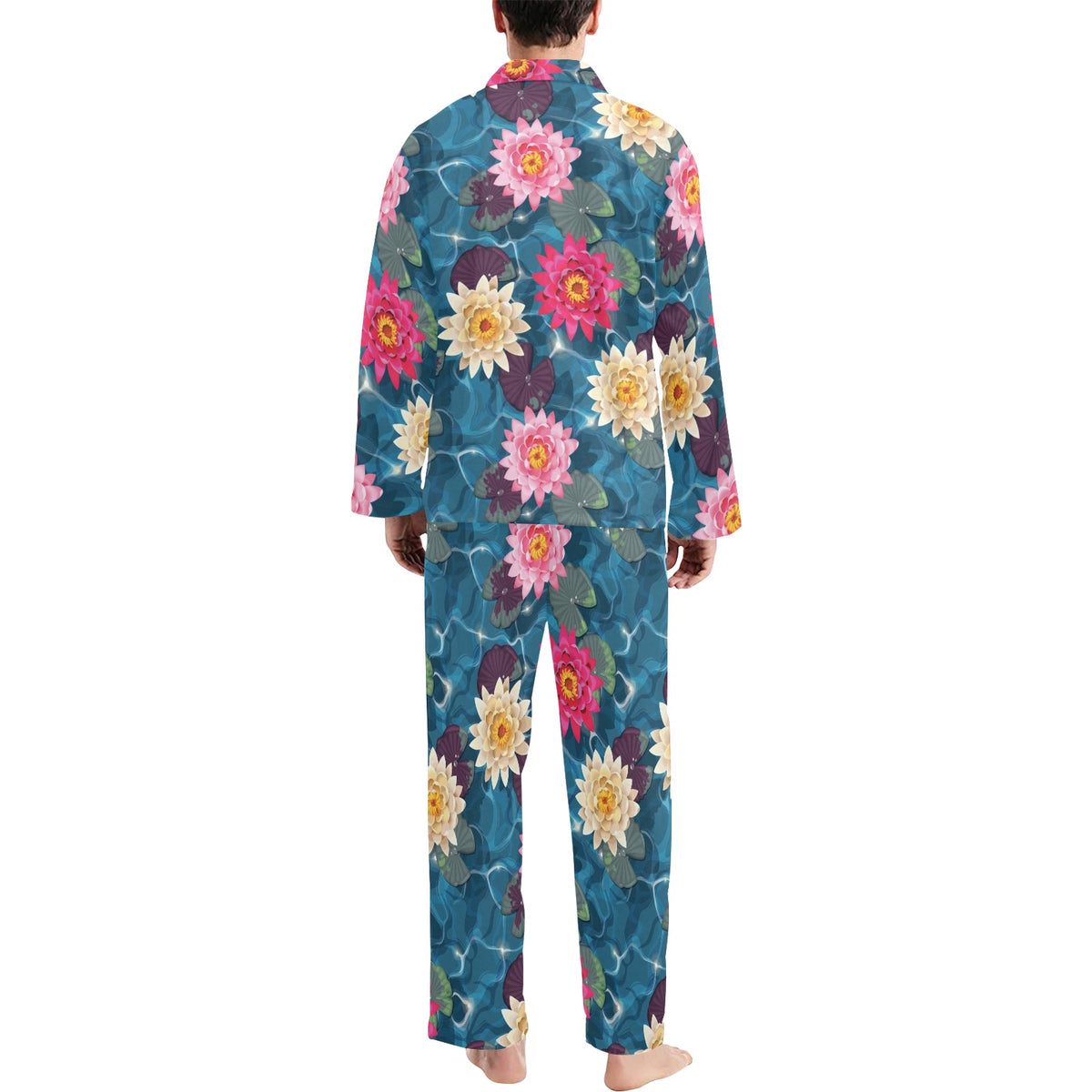 Water Lily Pattern Print Design WL05 Men's Long Sleeve Pajama Set