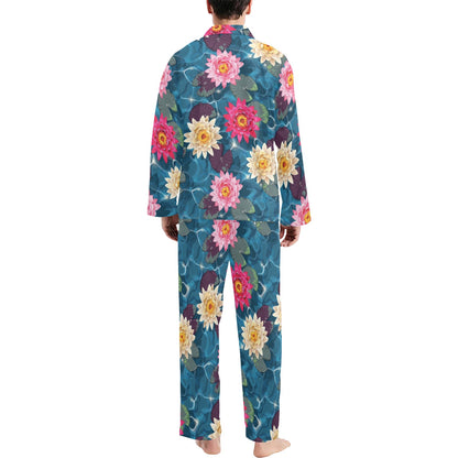 Water Lily Pattern Print Design WL05 Men's Long Sleeve Pajama Set