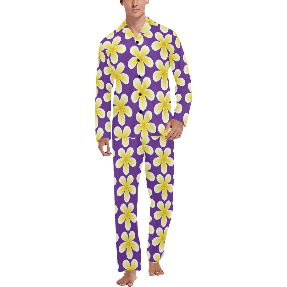 Yellow Plumeria Pattern Print Design PM05 Men's Long Sleeve Pajama Set
