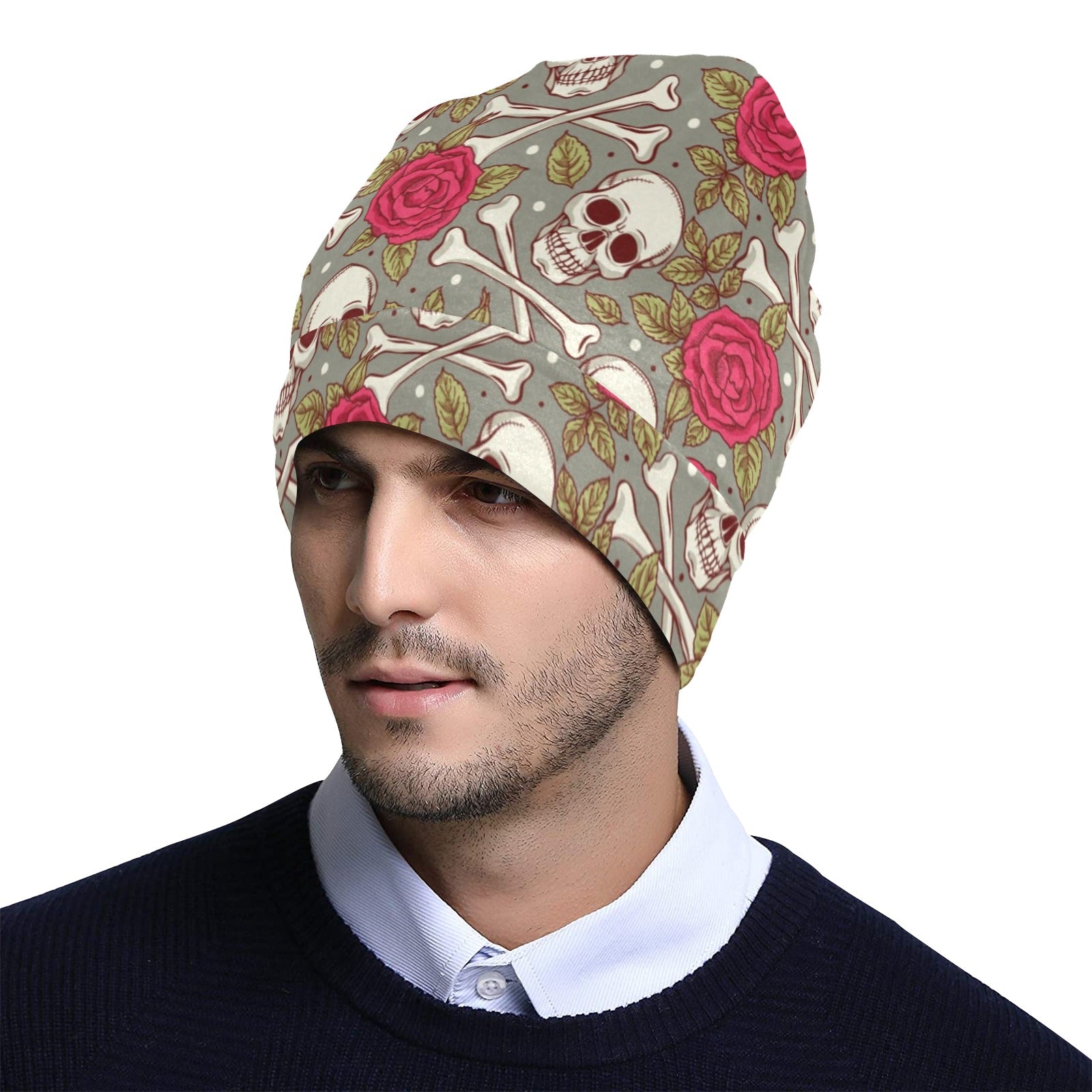 Skull Bone Rose Print Design LKS303 Unisex Beanie