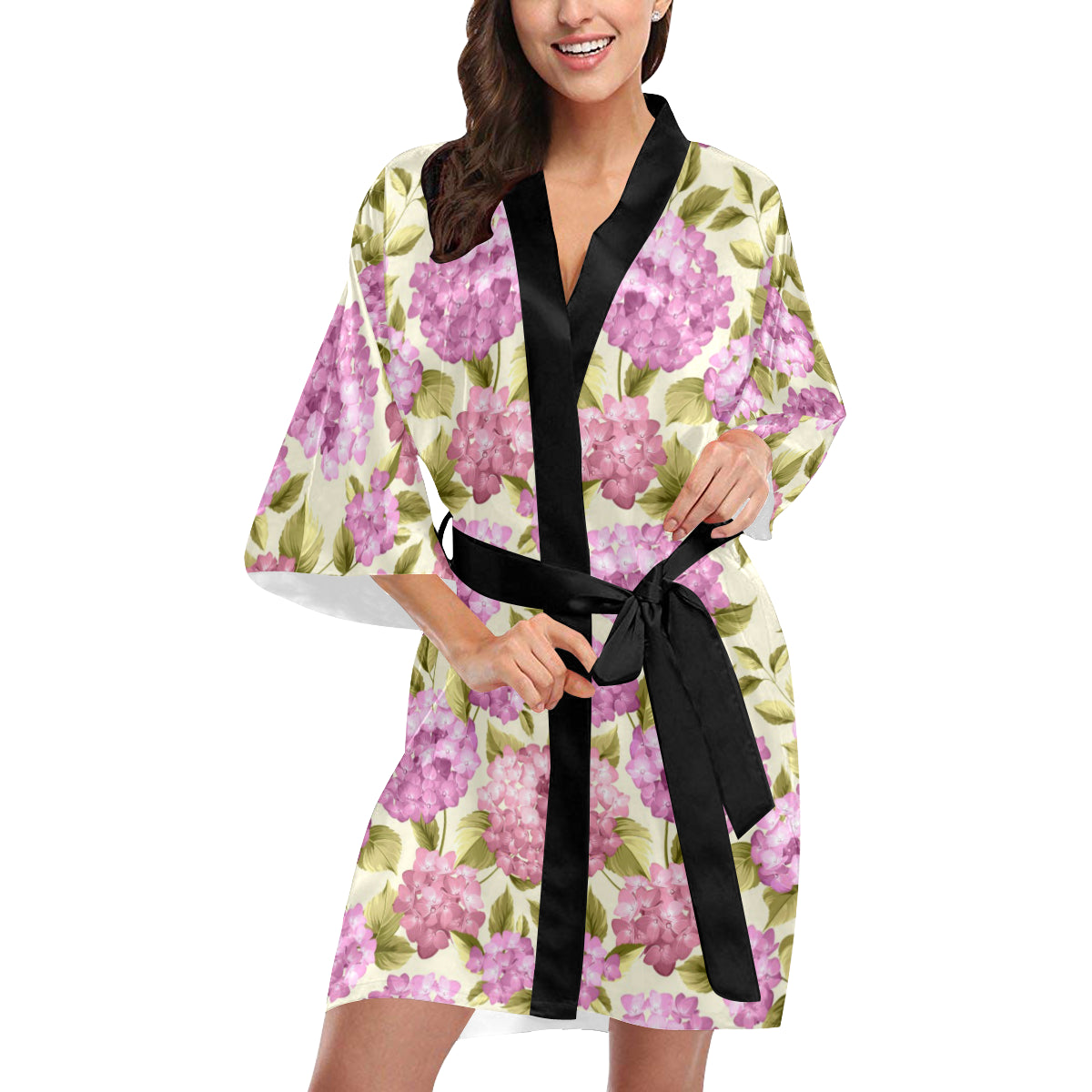 Hydrangea Pattern Print Design HD05 Women's Short Kimono