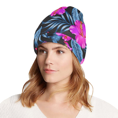 Neon Pink Hibiscus Pattern Print Design HB015 Unisex Beanie