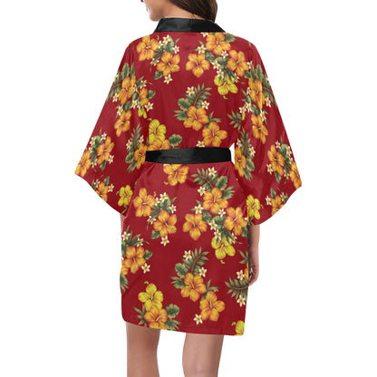 Orange Hibiscus Pattern Print Design HB026 Women's Short Kimono