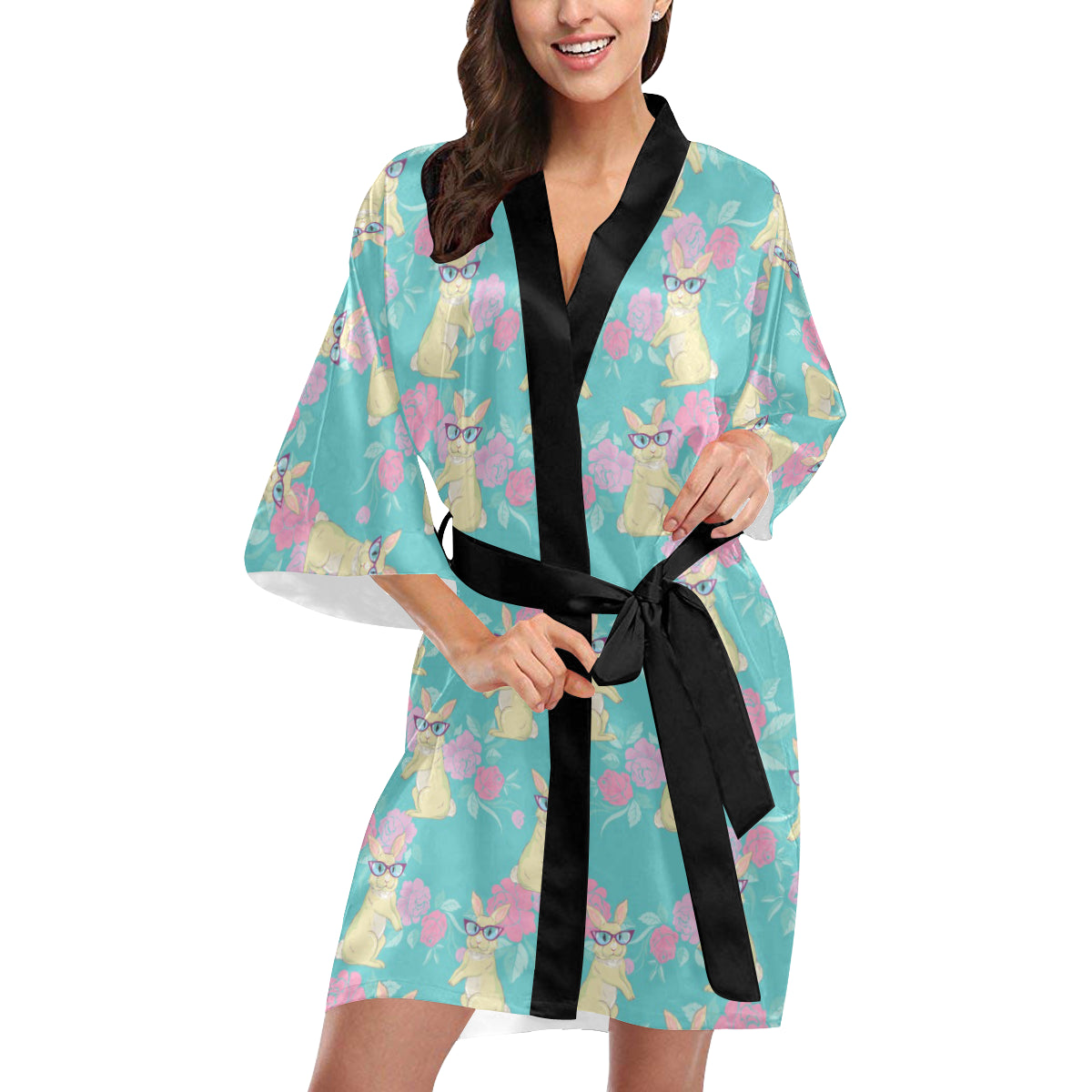 Rabbit Pattern Print Design RB05 Women's Short Kimono