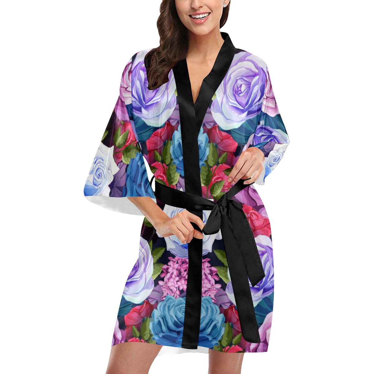 Rose Pattern Print Design RO09 Women's Short Kimono