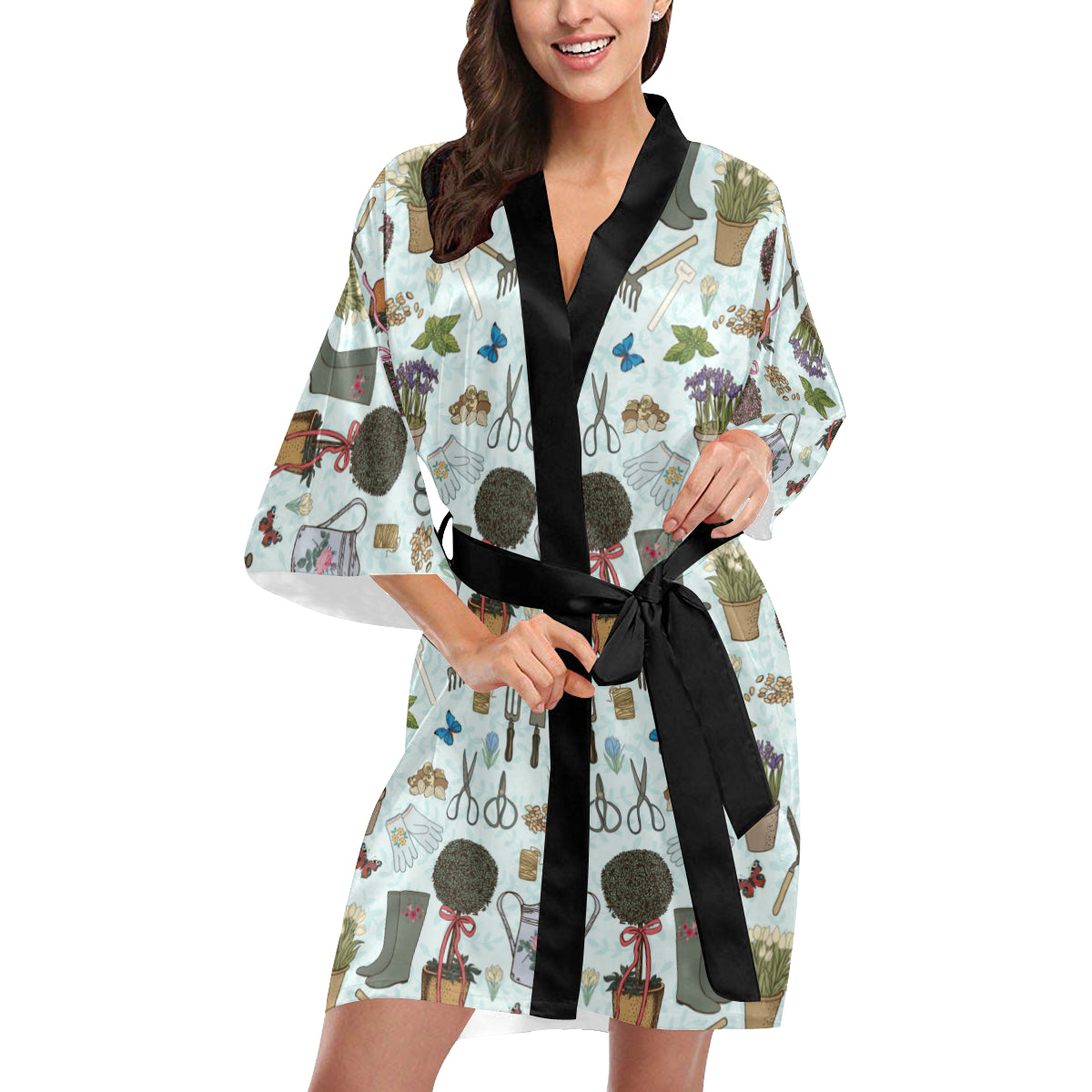 Gardening Pattern Print Design G01 Women's Short Kimono