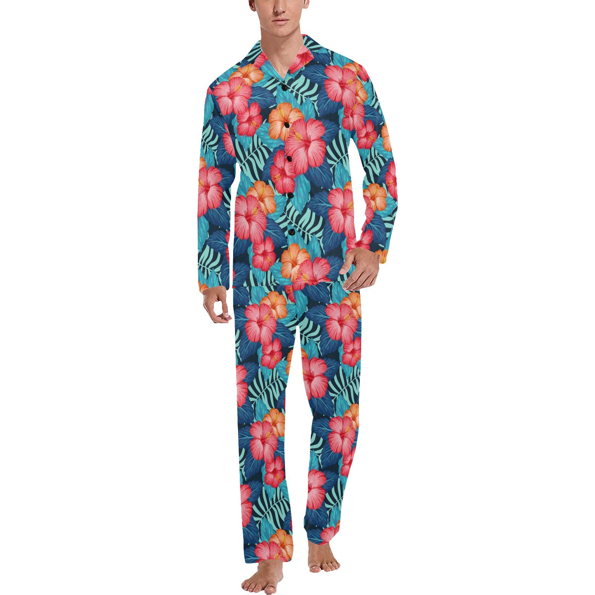 Red Hibiscus Pattern Print Design HB02 Men's Long Sleeve Pajama Set