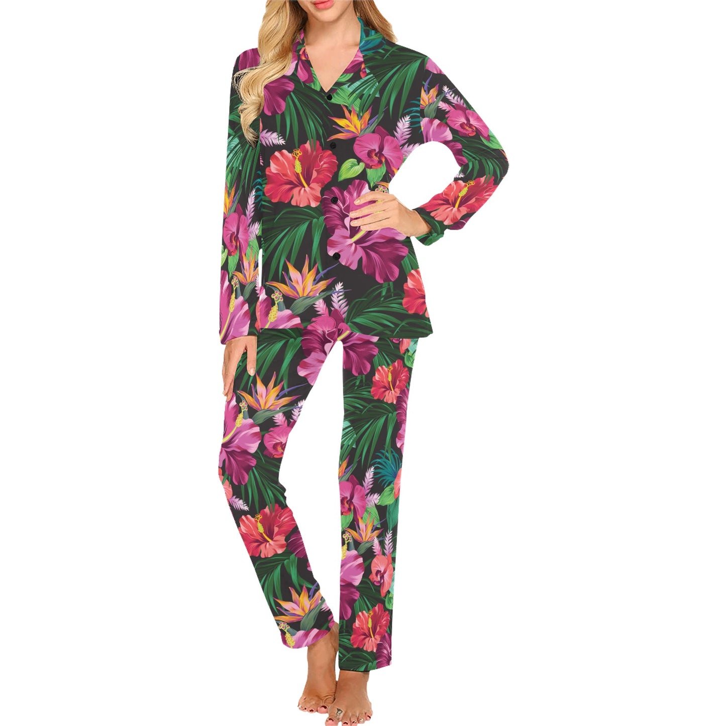 Hibiscus Hawaiian Design Print Pattern Women's Long Sleeve Pajama Set