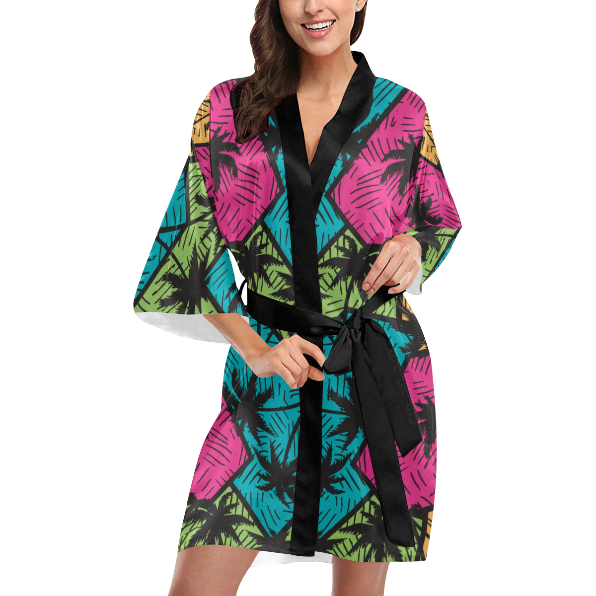 Palm Tree Pattern Print Design PT09 Women's Short Kimono