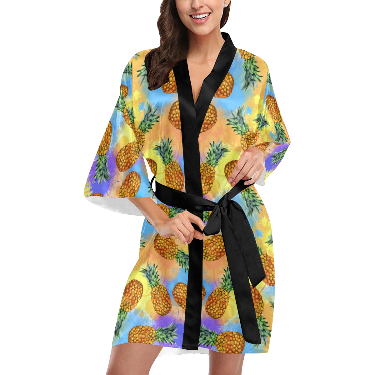 Pineapple Pattern Print Design PP09 Women's Short Kimono