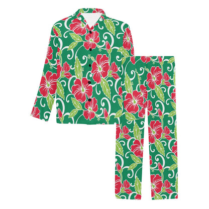 Red Hibiscus Pattern Print Design HB019 Men's Long Sleeve Pajama Set