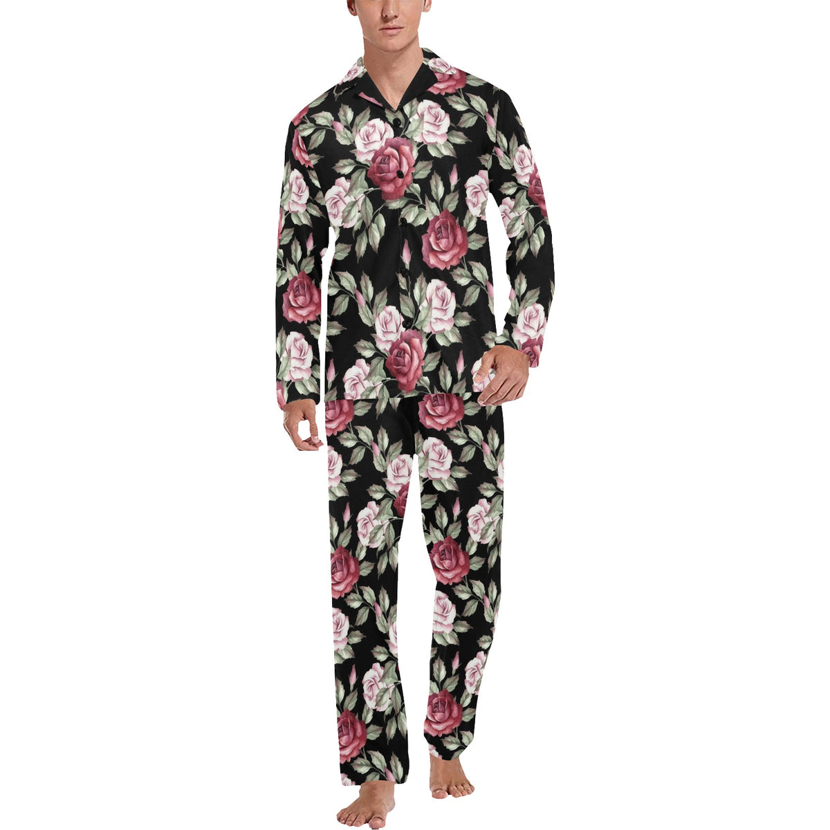 Rose Red Pink Pattern Print Design RO03 Men's Long Sleeve Pajama Set