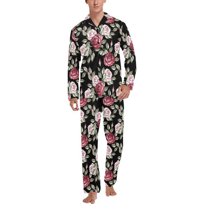 Rose Red Pink Pattern Print Design RO03 Men's Long Sleeve Pajama Set