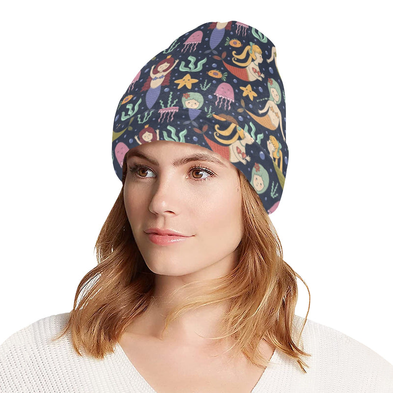 Mermaid Cartoon Pattern Print Design 03 Unisex Beanie