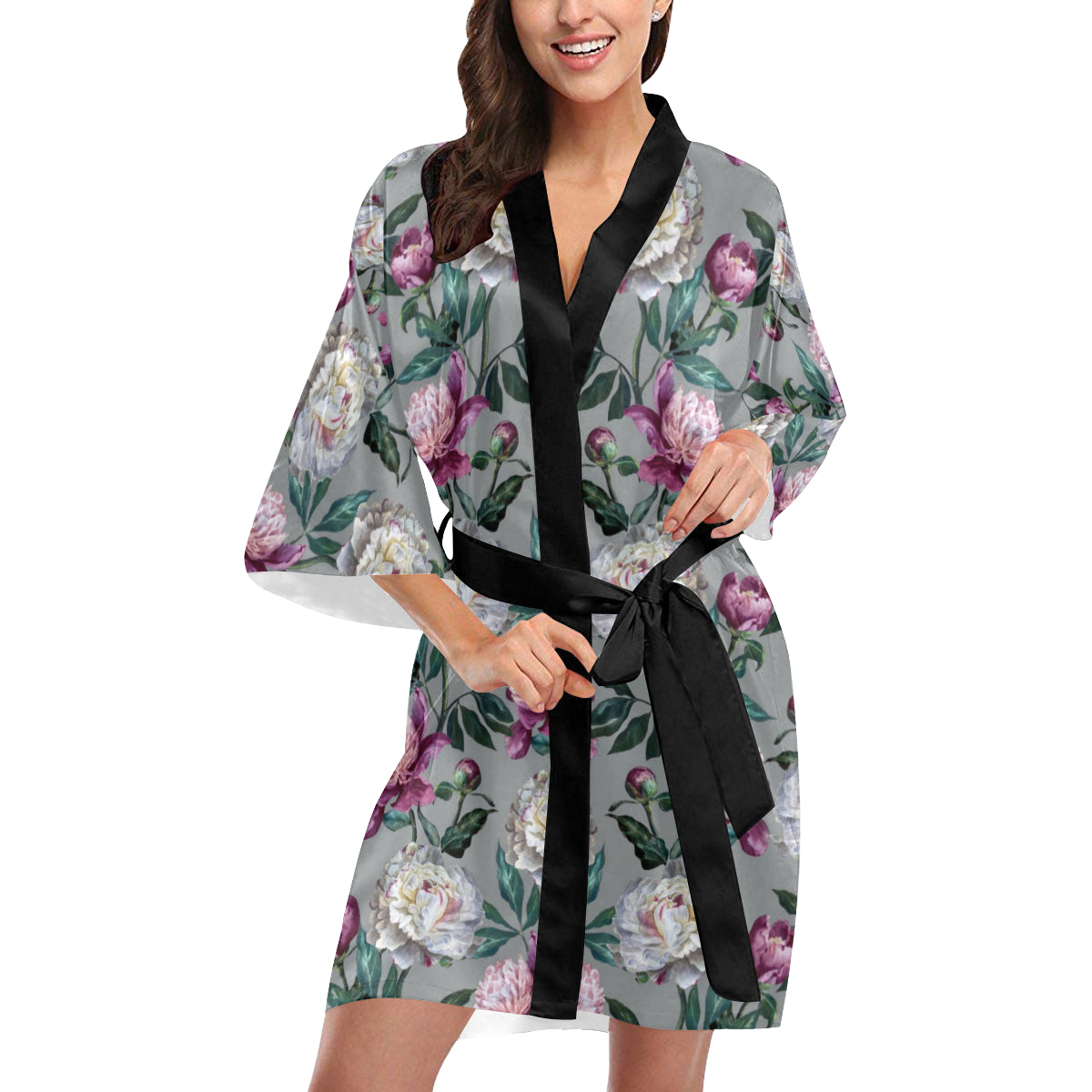 Peony Pattern Print Design PE01 Women's Short Kimono