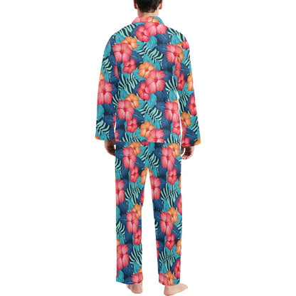 Red Hibiscus Pattern Print Design HB02 Men's Long Sleeve Pajama Set