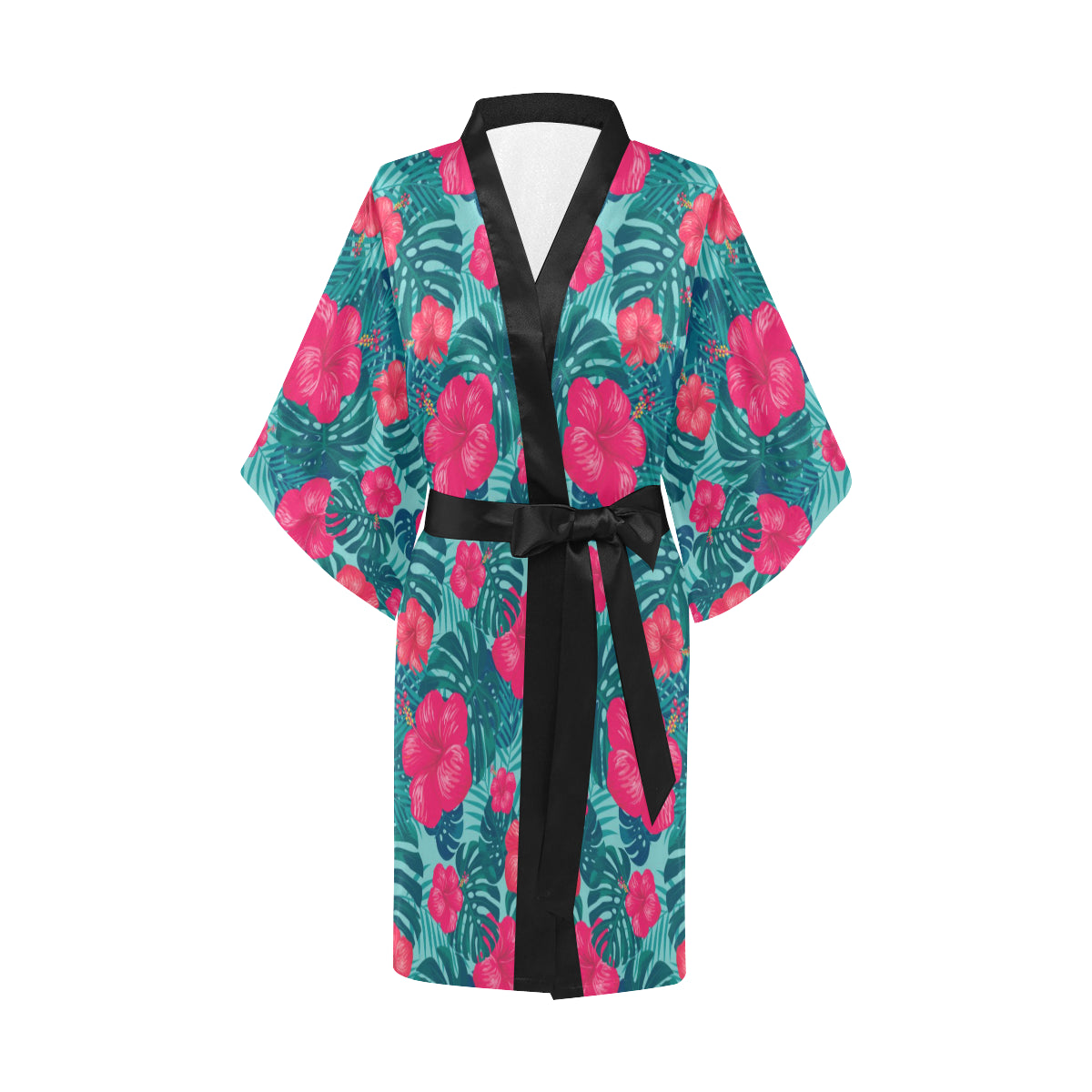 Red Hibiscus Pattern Print Design HB017 Women's Short Kimono