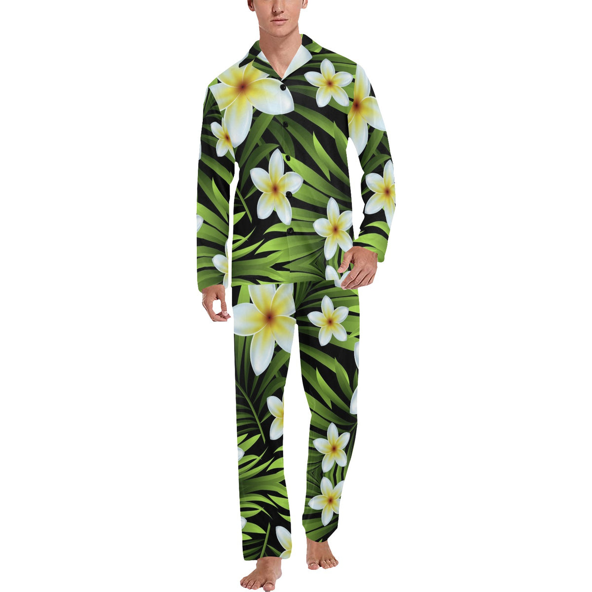 White Plumeria Pattern Print Design PM06 Men's Long Sleeve Pajama Set