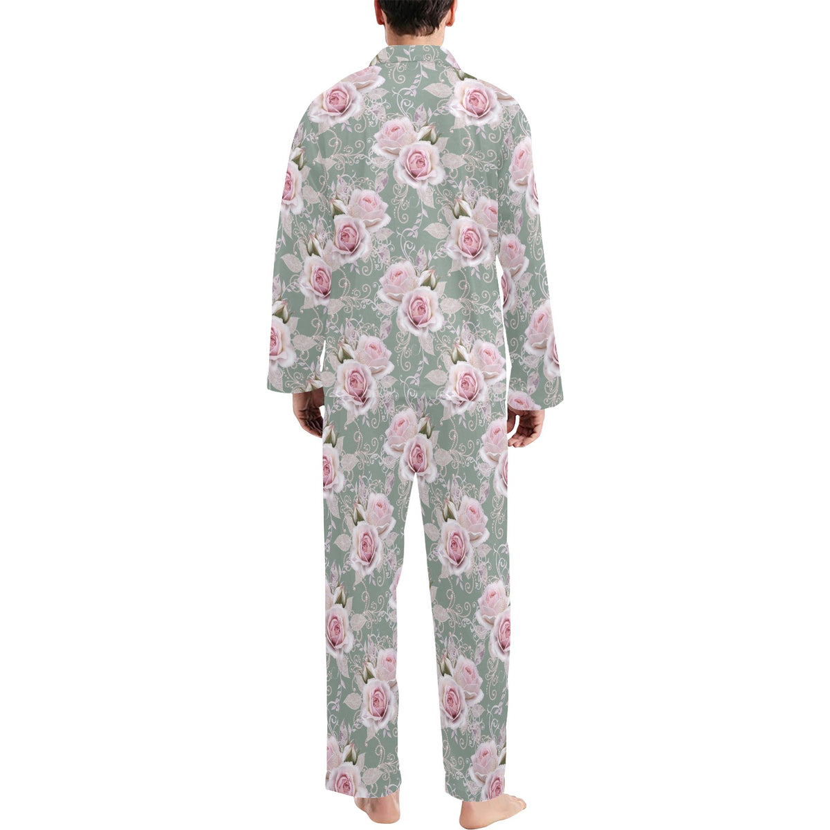 Rose White Pattern Print Design RO012 Men's Long Sleeve Pajama Set