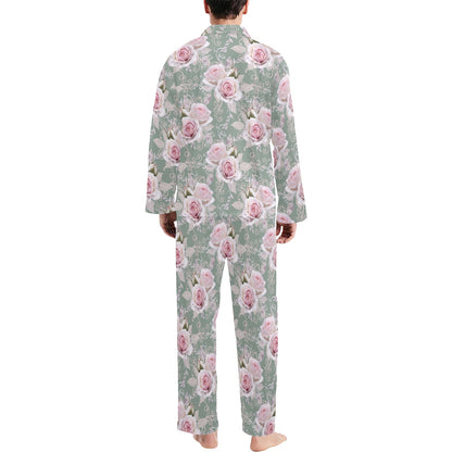 Rose White Pattern Print Design RO012 Men's Long Sleeve Pajama Set