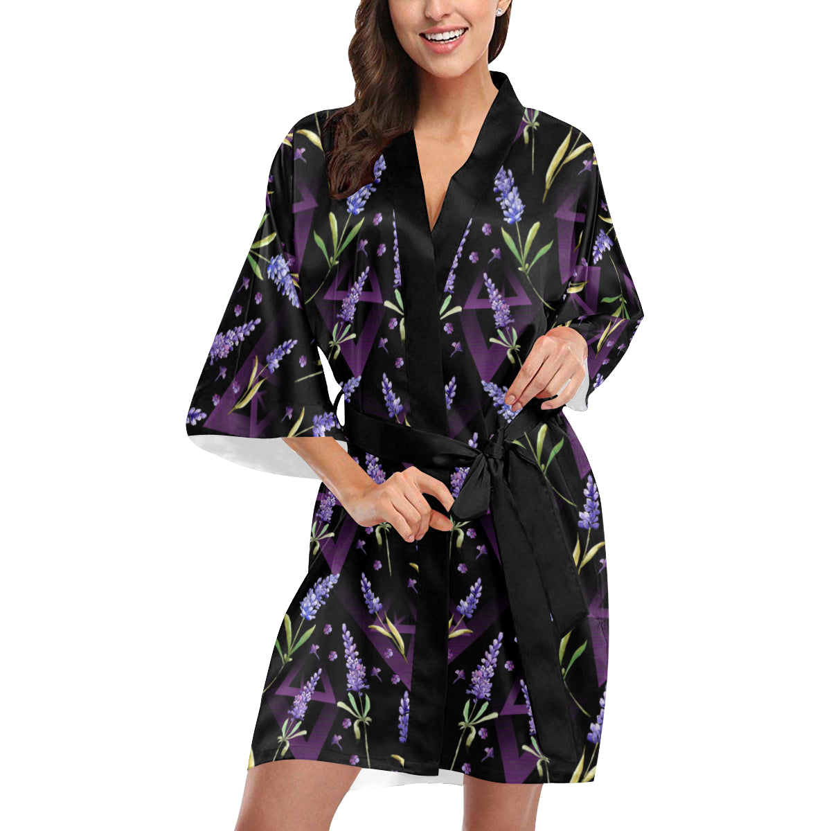 Lavender Pattern Print Design LV07 Women's Short Kimono