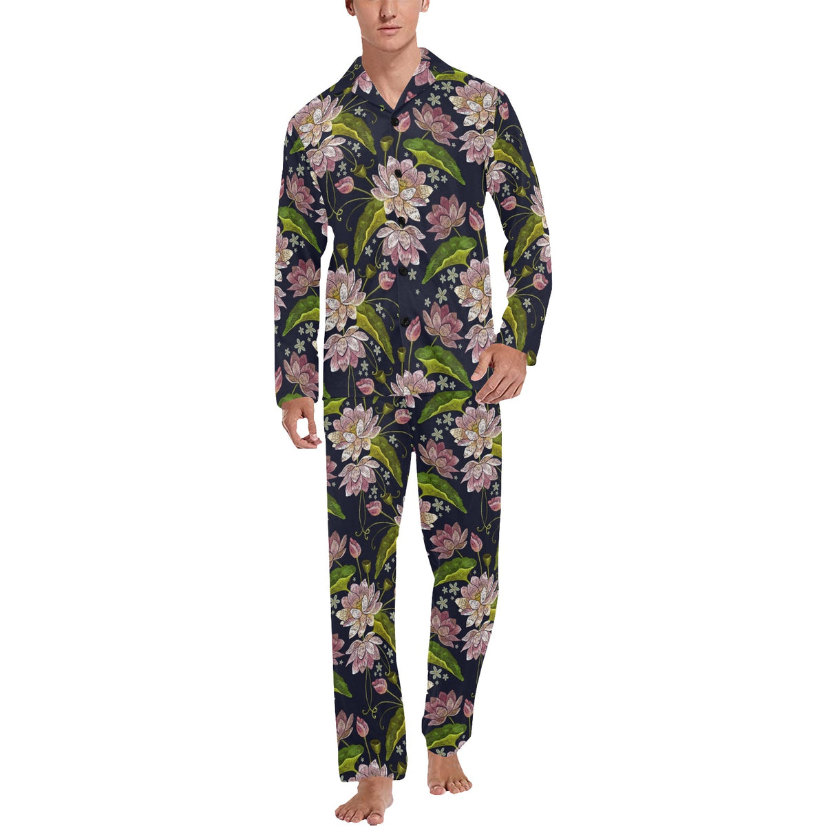 lotus Embroidered Pattern Print Design LO06 Men's Long Sleeve Pajama Set