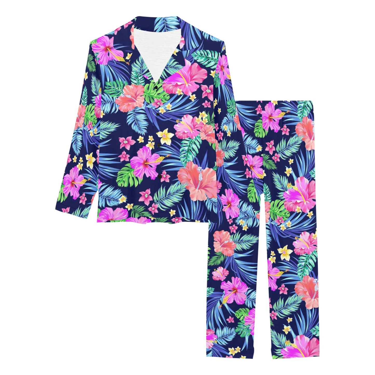 Neon Hibiscus Pattern Print Design HB016 Women's Long Sleeve Pajama Set