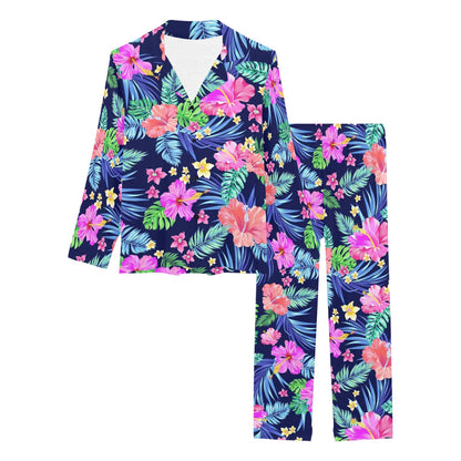 Neon Hibiscus Pattern Print Design HB016 Women's Long Sleeve Pajama Set