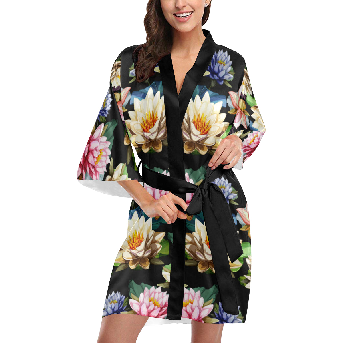 Water Lily Pattern Print Design WL02 Women's Short Kimono