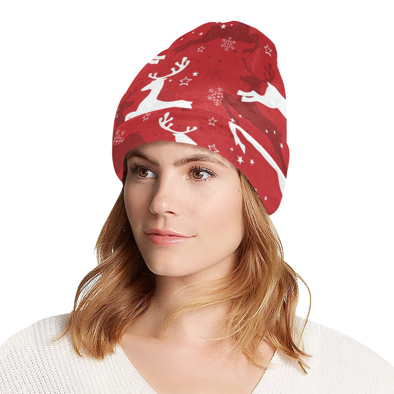 Reindeer Red Pattern Print Design 01 Unisex Beanie