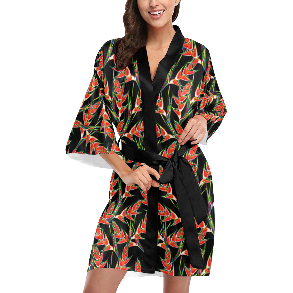 Heliconia Pattern Print Design HL010 Women's Short Kimono