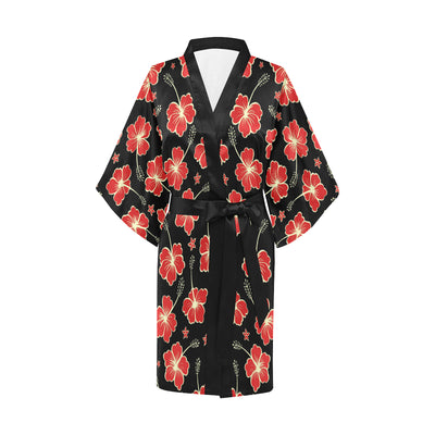 Red Hibiscus Pattern Print Design HB021 Women's Short Kimono