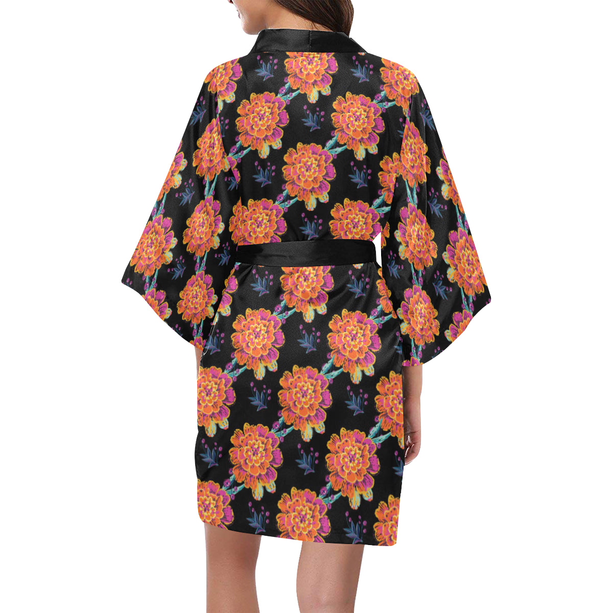 Marigold Pattern Print Design MR04 Women's Short Kimono
