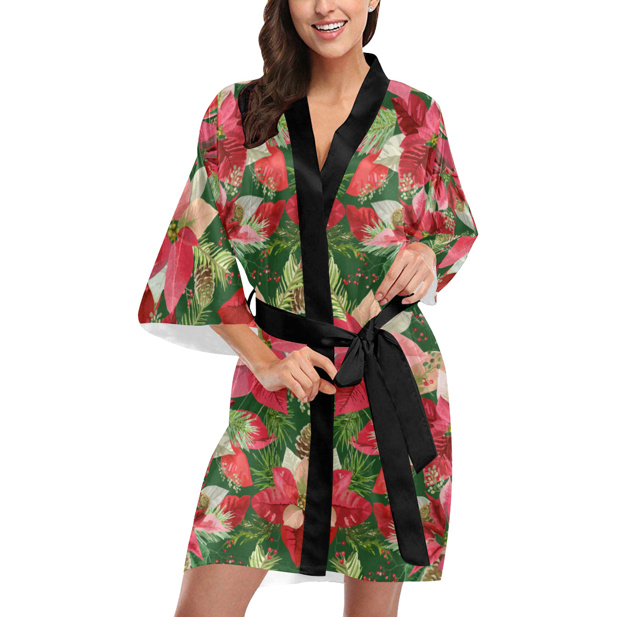 Poinsettia Pattern Print Design POT03 Women's Short Kimono
