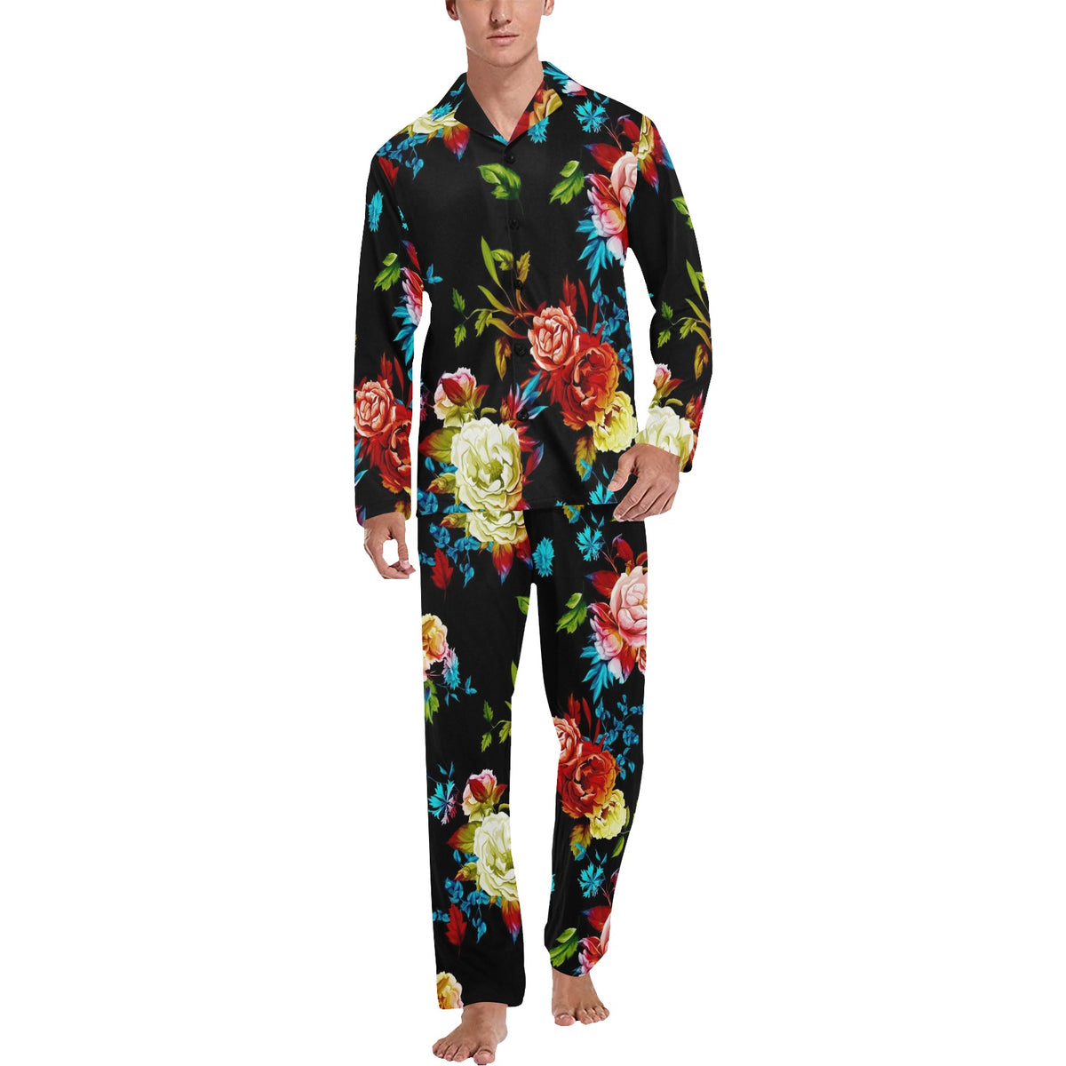 Peony Pattern Print Design PE07 Men's Long Sleeve Pajama Set