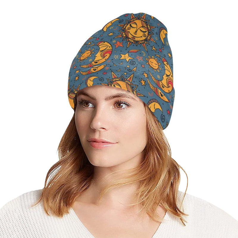 Celestial Moon Sun Pattern Print Design 02 Unisex Beanie