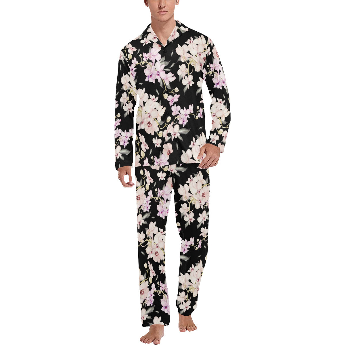 Orchid White Pattern Print Design OR03 Men's Long Sleeve Pajama Set