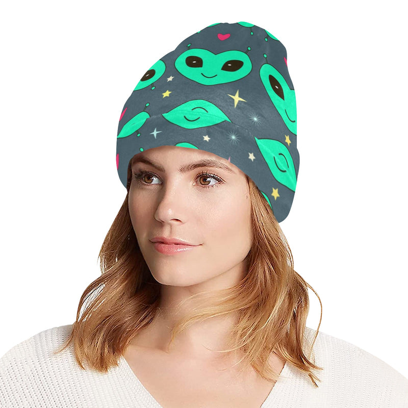 Alien Head Heart Pattern Print Design 03 Unisex Beanie