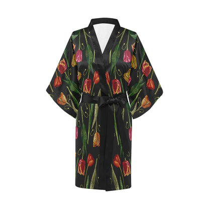 Tulip Embroidered Pattern Print Design TP01 Women's Short Kimono