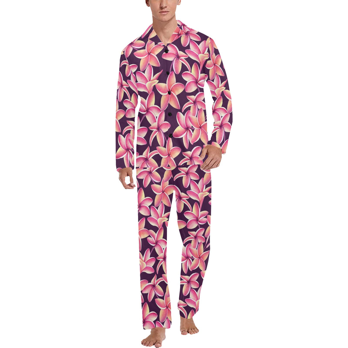 Purple Plumeria Pattern Print Design PM010 Men's Long Sleeve Pajama Set