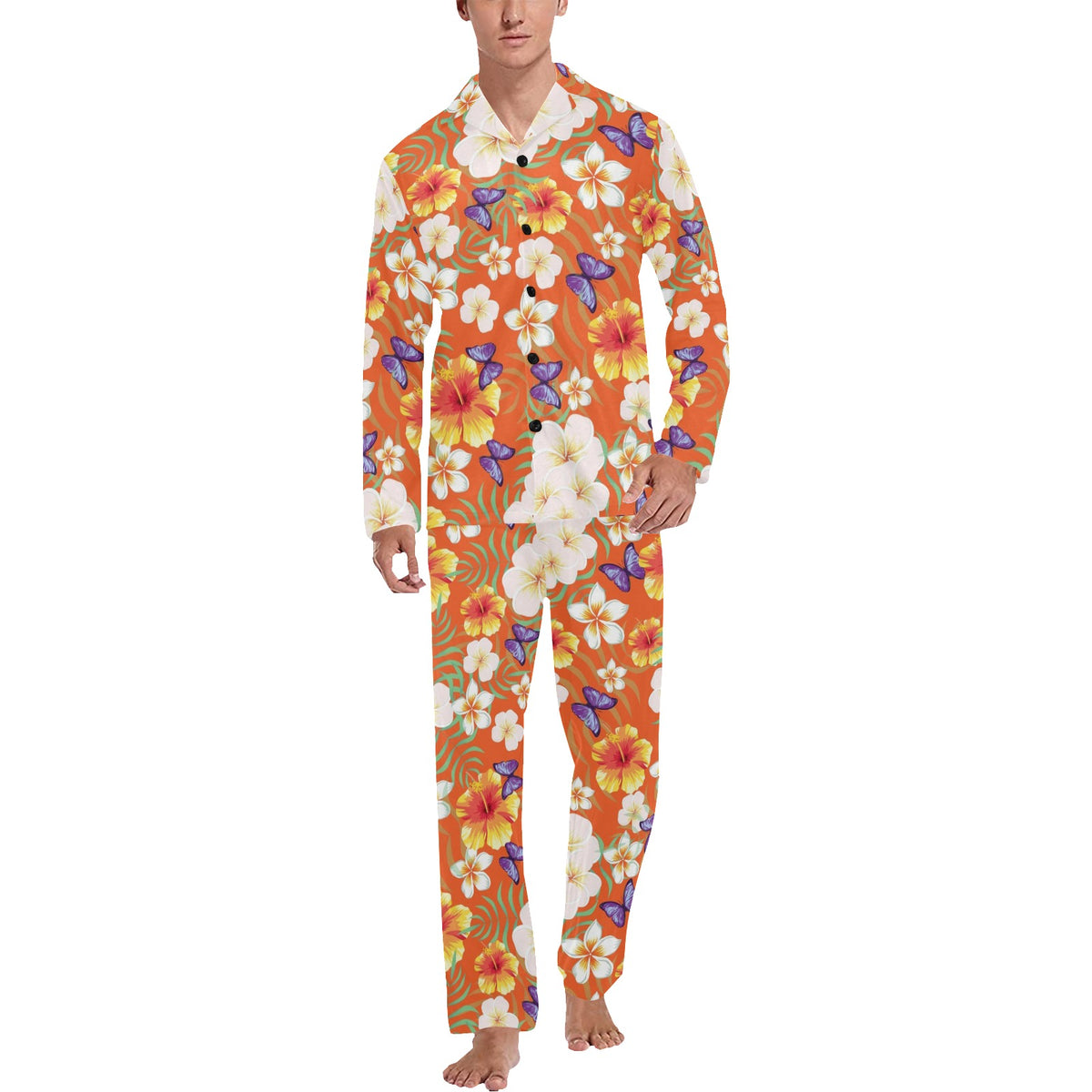 Tropical Flower Pattern Print Design TF027 Men's Long Sleeve Pajama Set