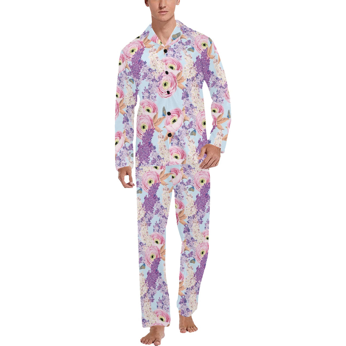 Lilac Pattern Print Design LI03 Men's Long Sleeve Pajama Set