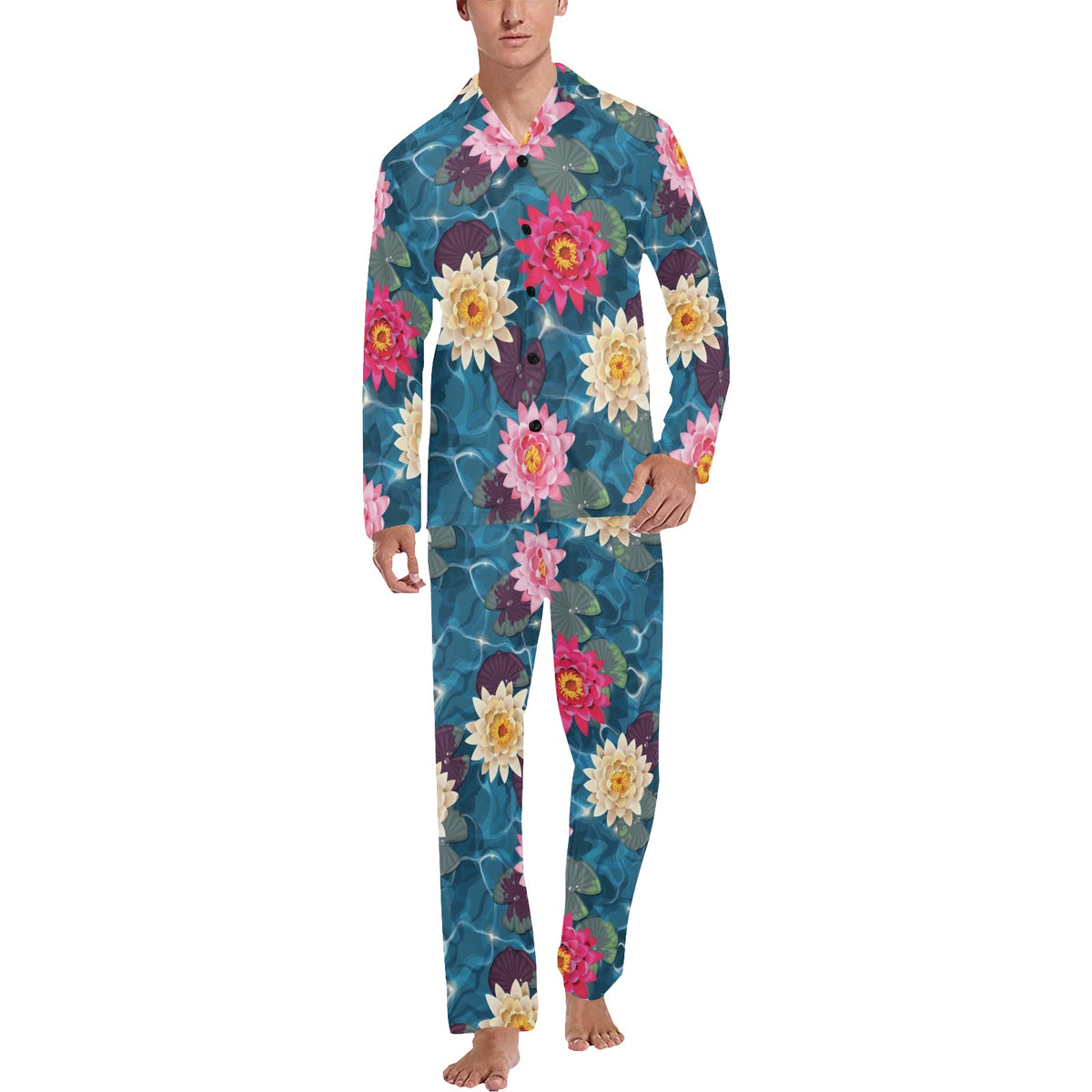 Water Lily Pattern Print Design WL05 Men's Long Sleeve Pajama Set