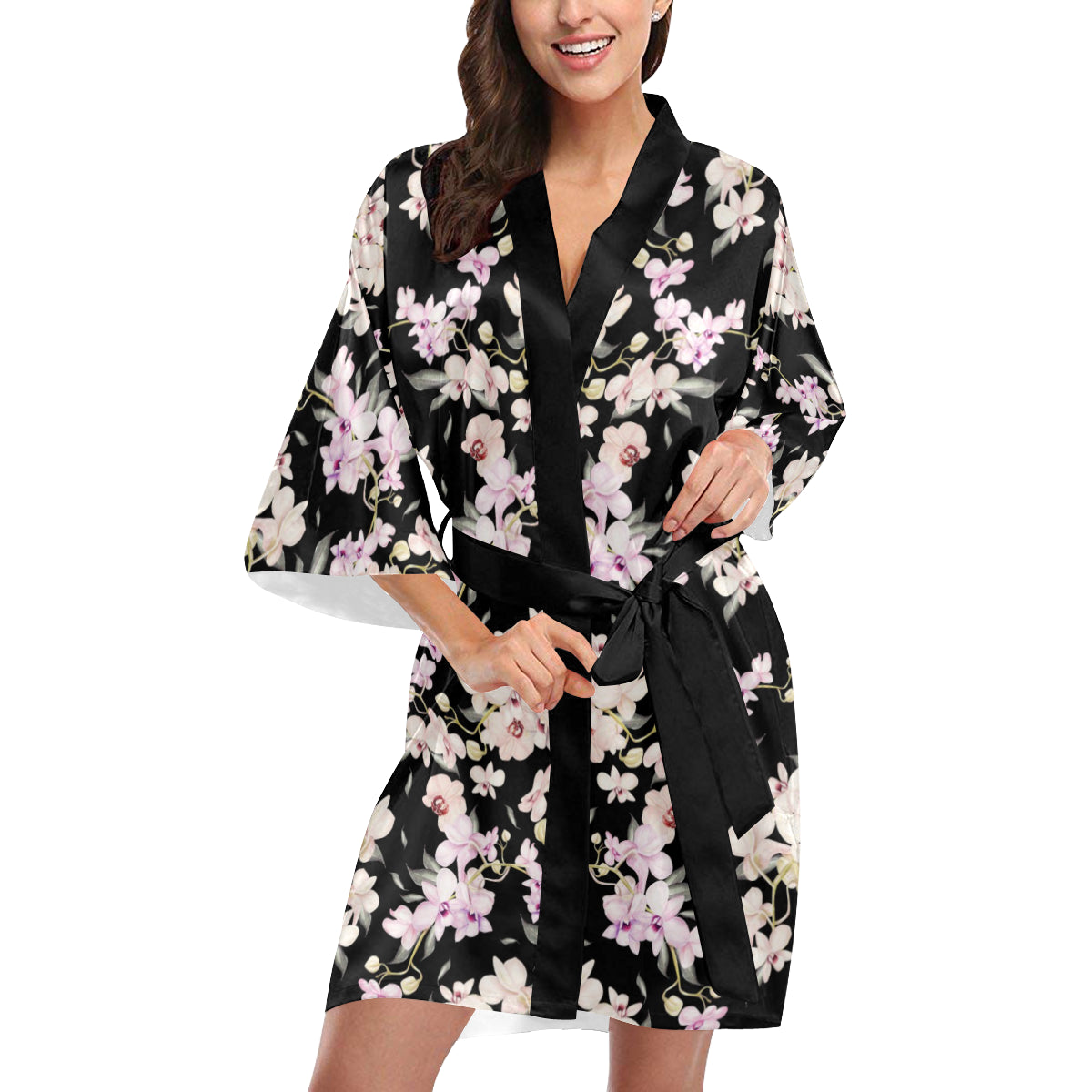 Orchid White Pattern Print Design OR03 Women's Short Kimono