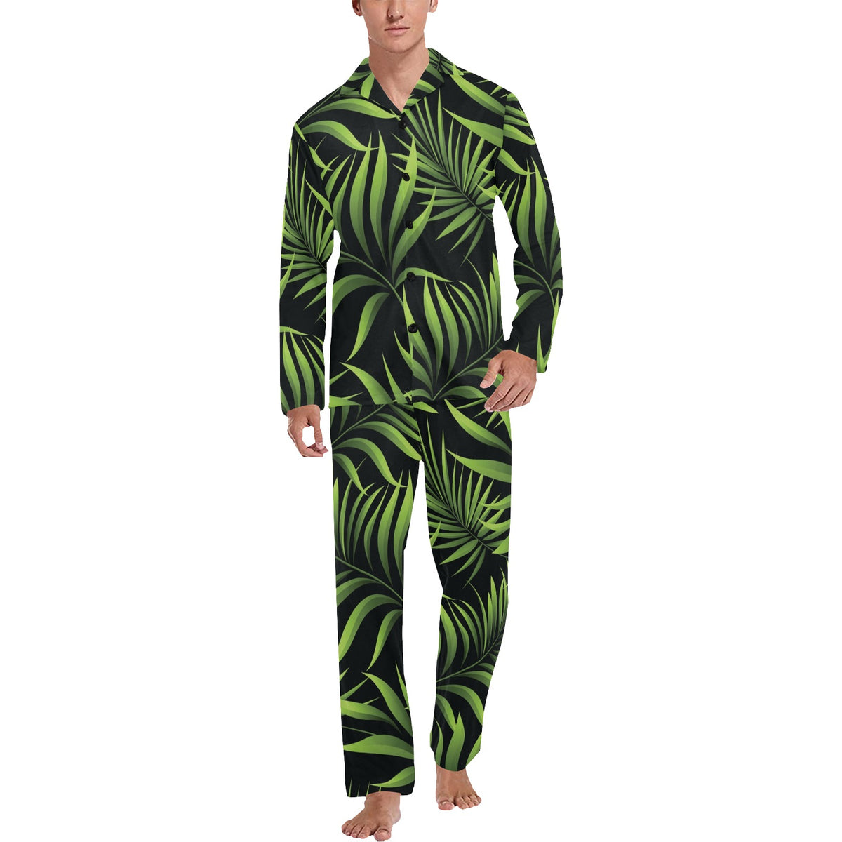 Palm Leaves Pattern Print Design PL07 Men's Long Sleeve Pajama Set