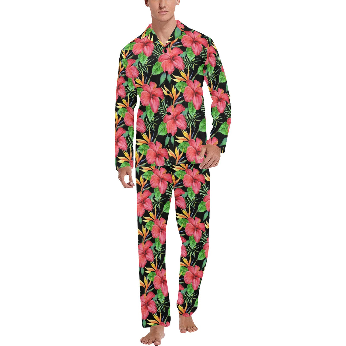 Red Hibiscus Pattern Print Design HB07 Men's Long Sleeve Pajama Set