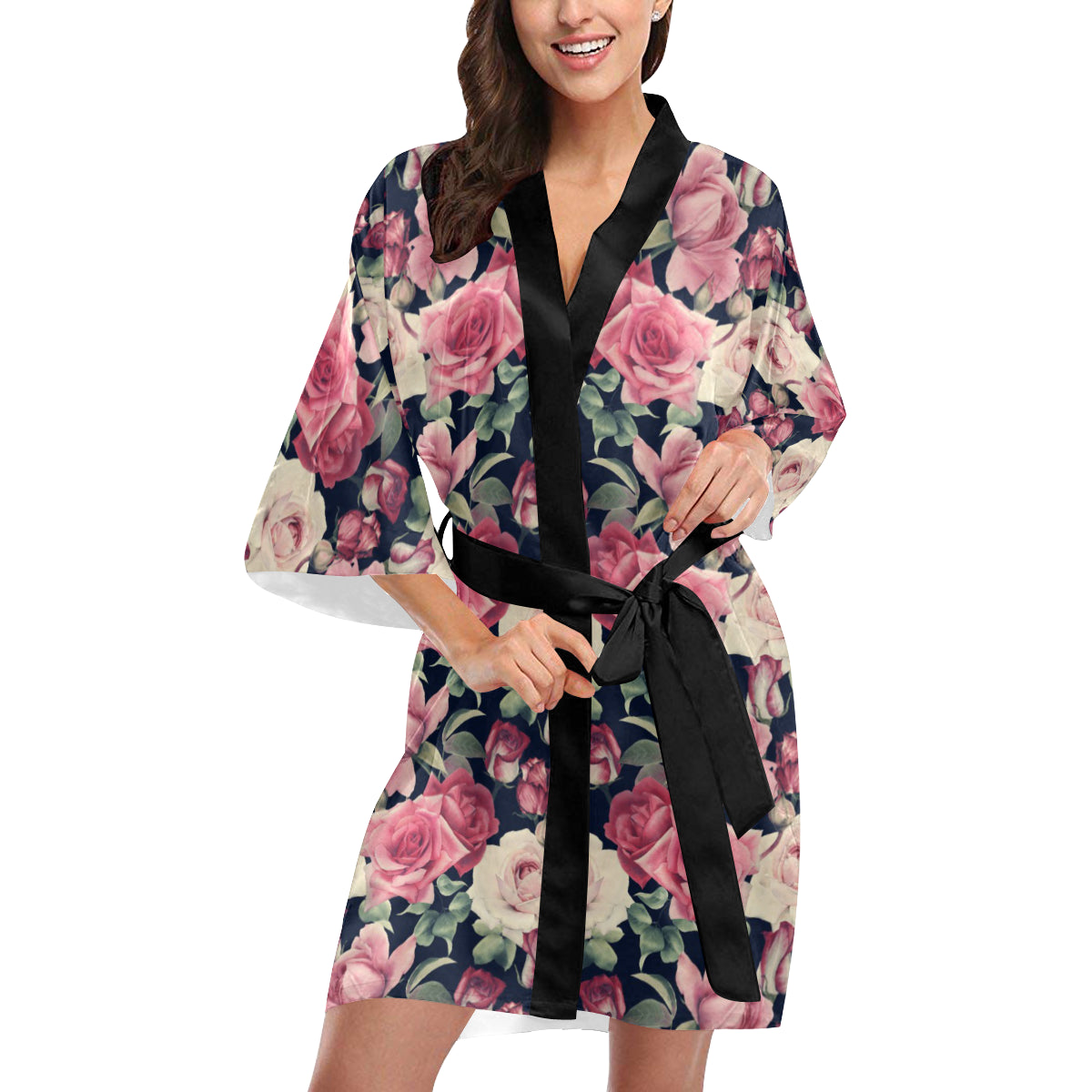 Rose Pattern Print Design RO05 Women's Short Kimono